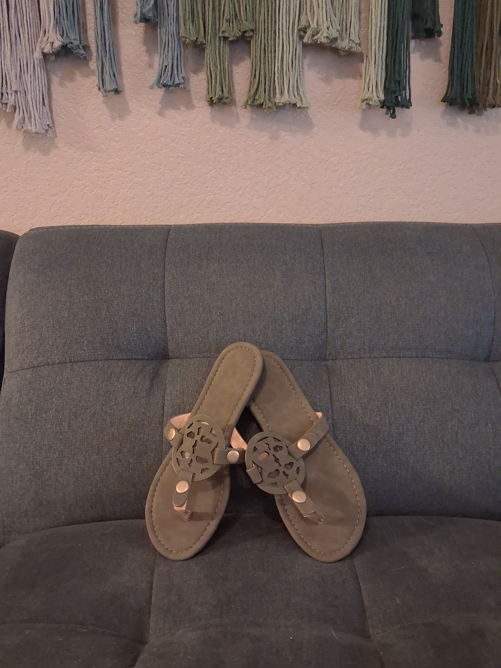 Women's Olive Colored Decorative Thong Sandals with Medallion Detail